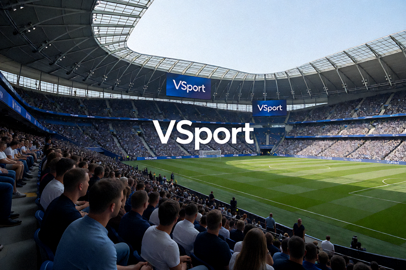 体育场内观众席与比赛场地全景，展示VSport平台赛事覆盖场景